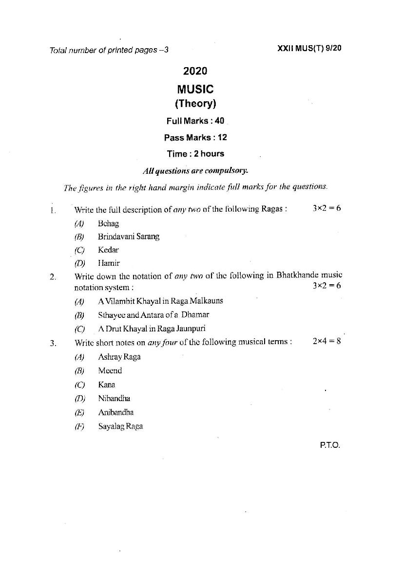 Manipur Board Class 12 Question Paper 2020 for Music - Page 1