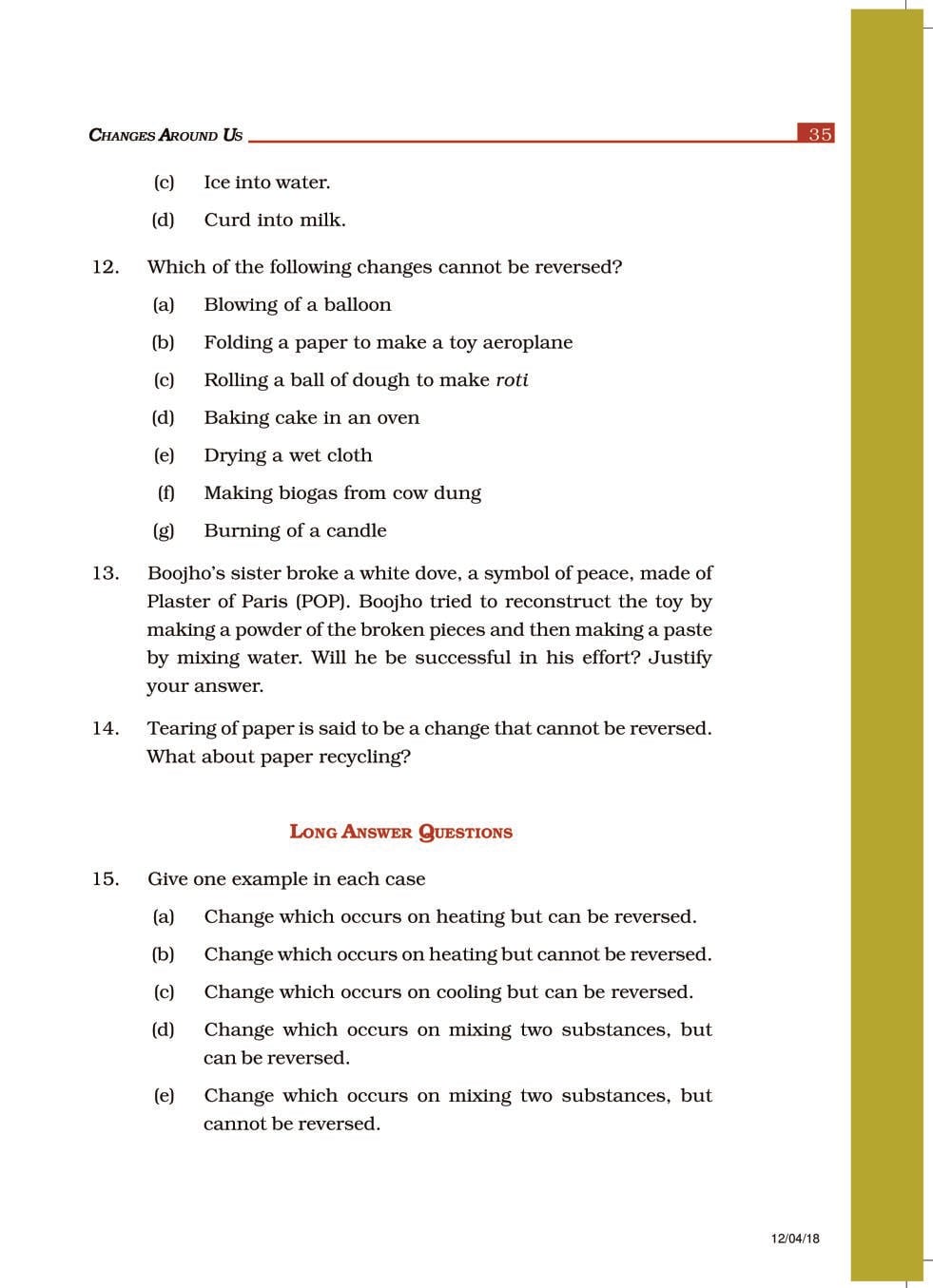NCERT Exemplar Class 6 Science Chapter 6 Changes Around Us