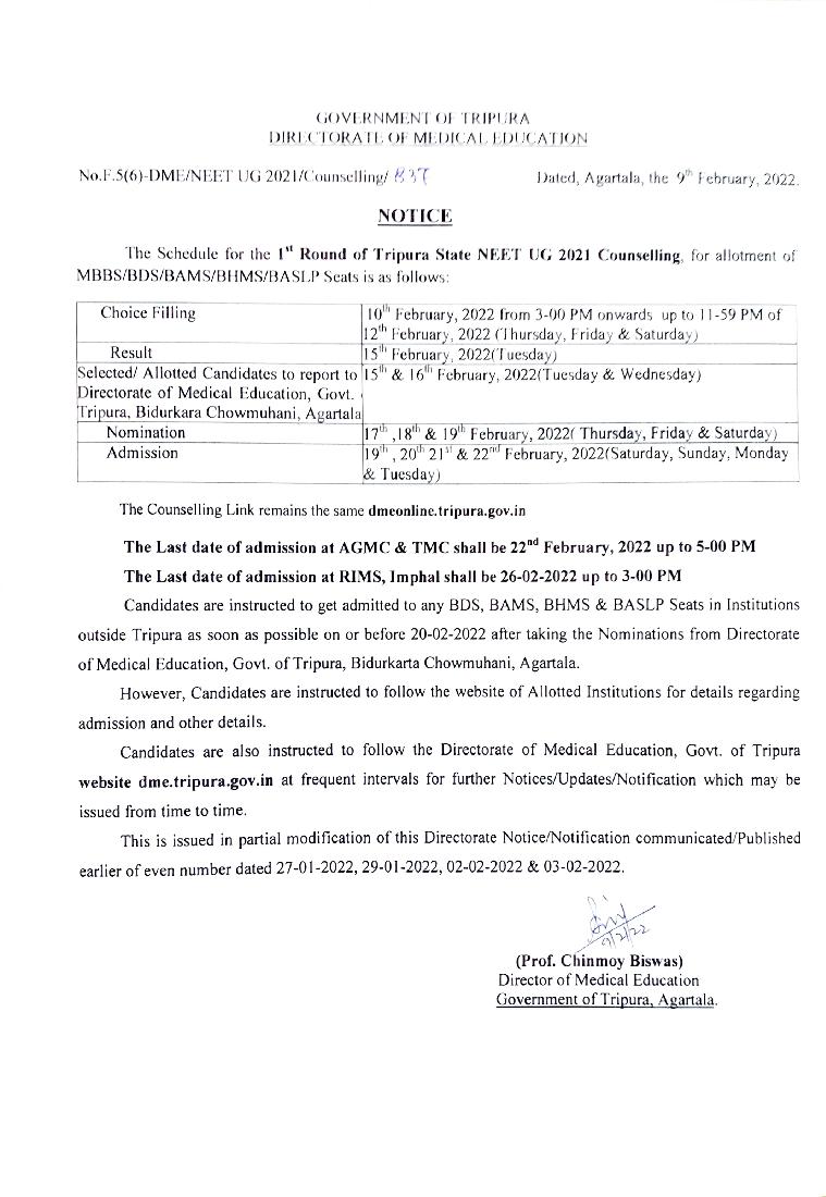 Tripura MBBS and BDS Counselling 2021 Revised 1st Round Counselling Schedule and Merit List - Page 1