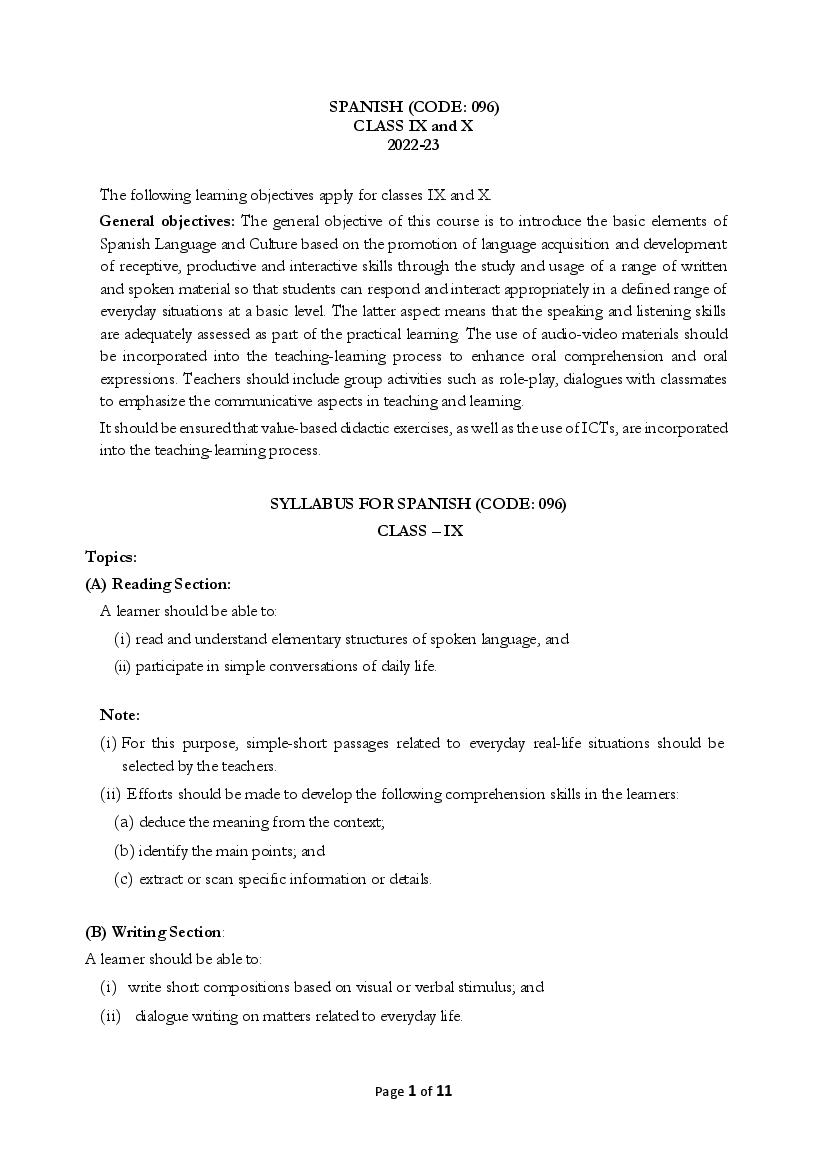 CBSE Class 9 Syllabus 2022-23 Spanish - Page 1