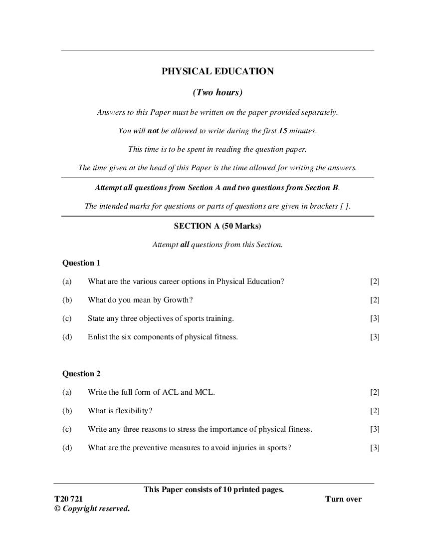 ICSE Class 10 Question Paper 2020 for Physical Education - Page 1