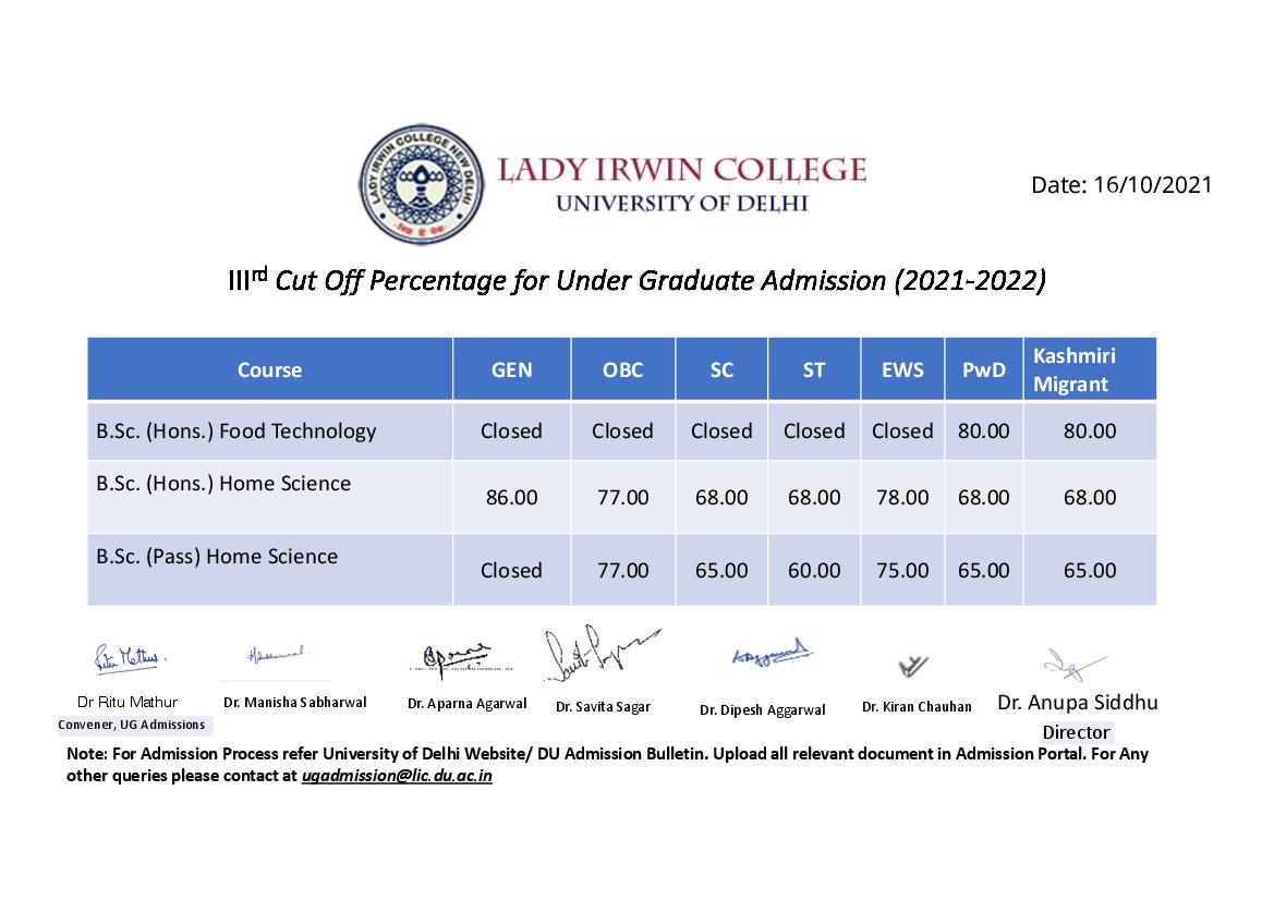 Lady Irwin College Third Cut Off List 2021 - Page 1