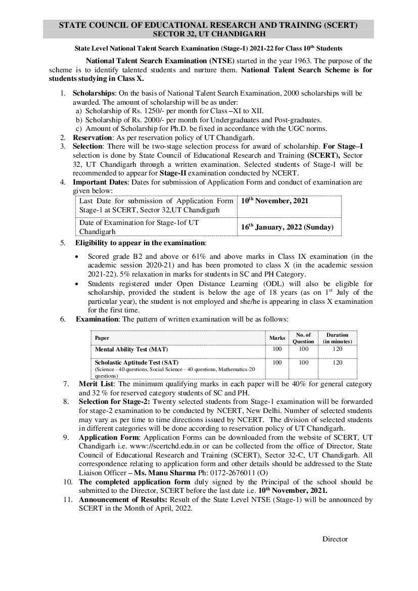 Chandigarh NTSE Notification 2021 - 2022 - Page 1