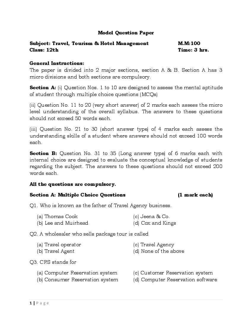 JKBOSE Class 12 Model Question Paper 2021 for Tourism And Hotel Management - Page 1