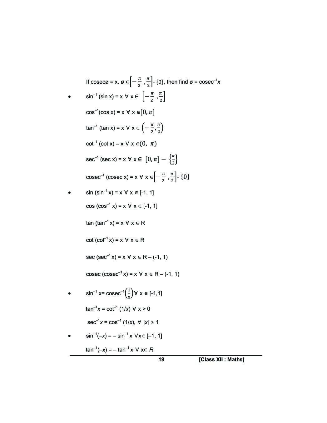 Class 12 Maths Notes For Inverse Trigonometric Functions PDF Study 