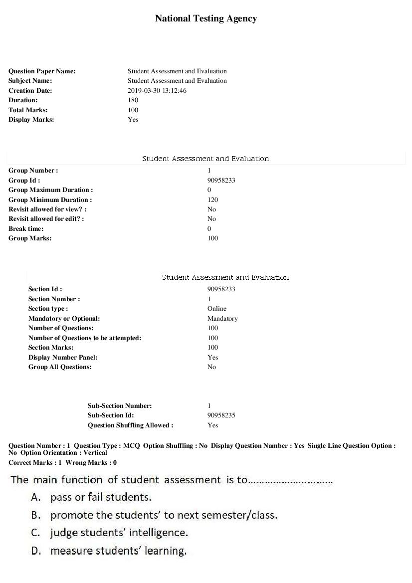 ARPIT 2019 Question Paper for Student Assessment and Evaluation - Page 1