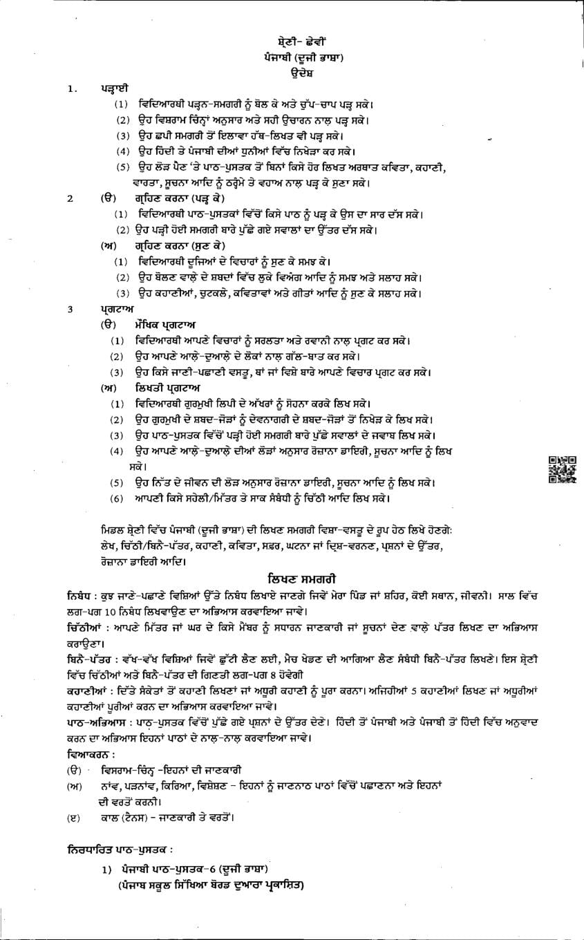 PSEB Class 7 Punjabi Second Language Syllabus (PDF)