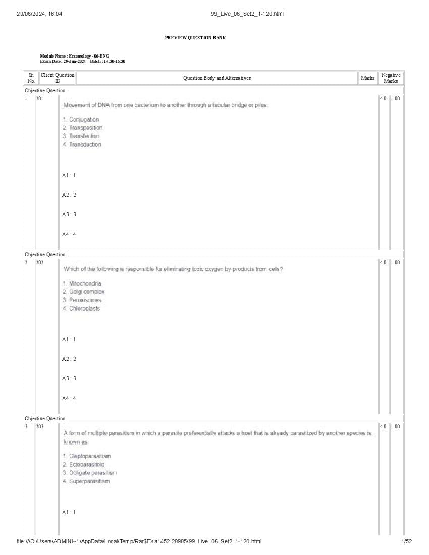 ICAR AICE JRF SRF (Ph.D) 2024 Question Paper Entomology - Page 1 of 52