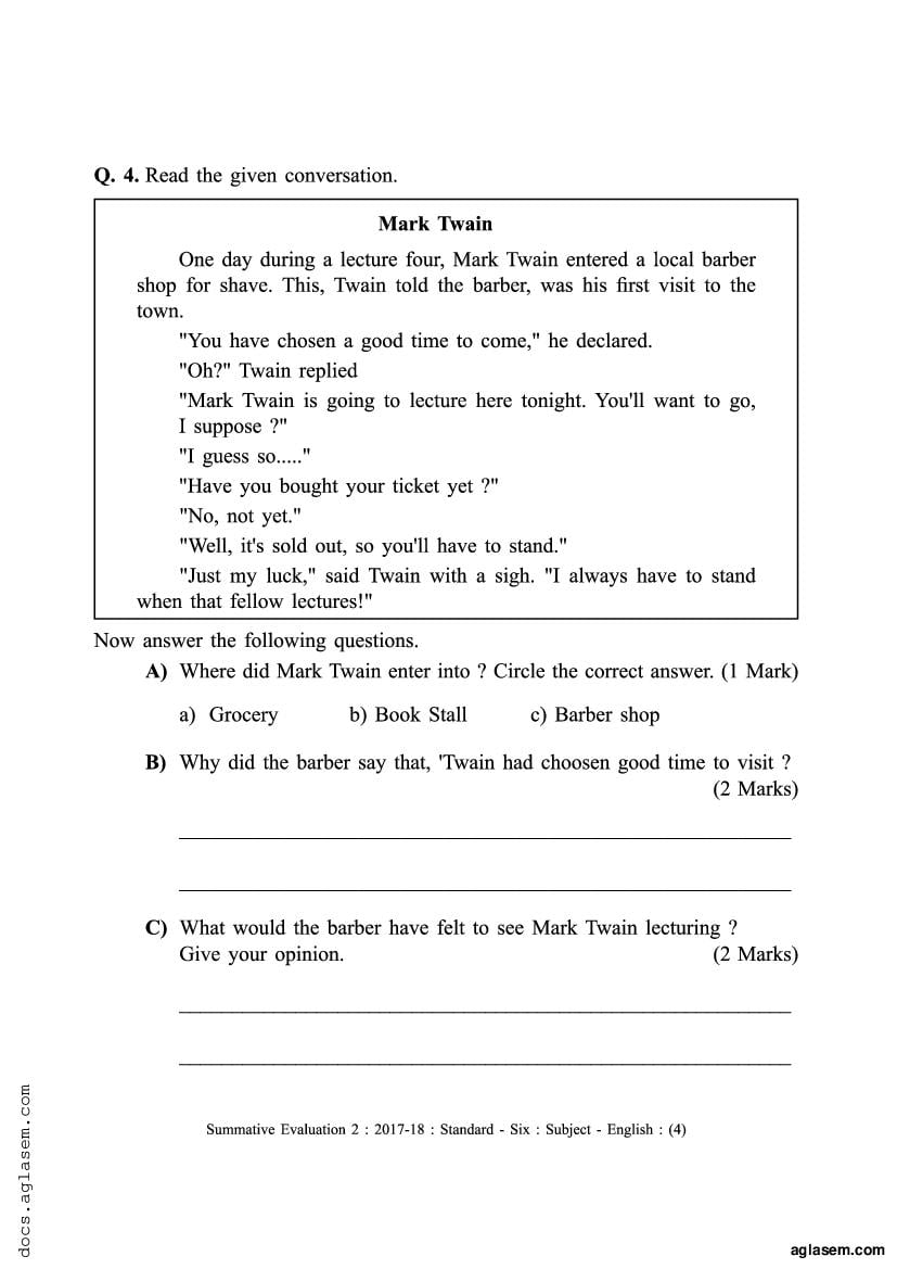 English Grammar Question Paper For Class 5 Pdf With Answers