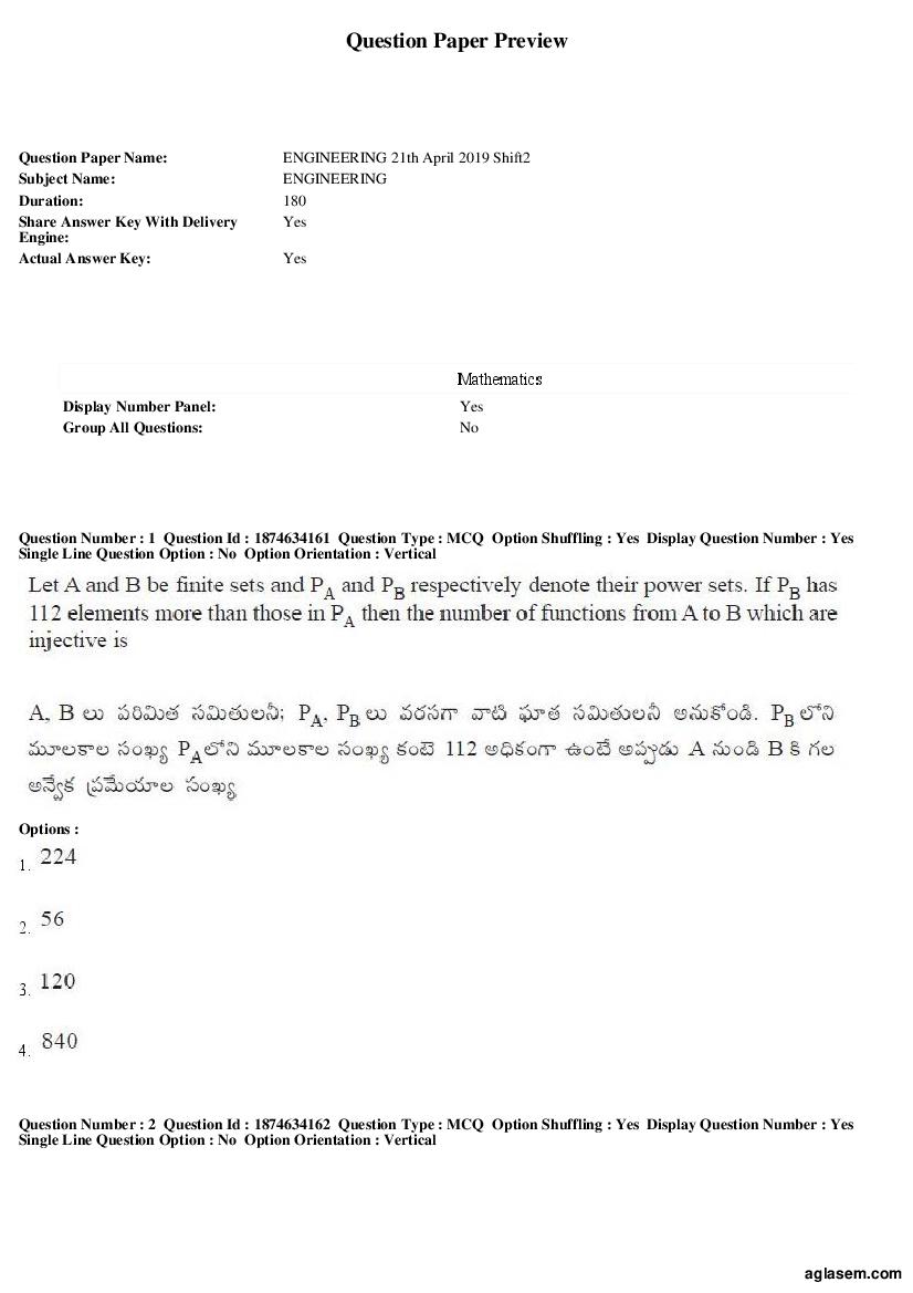 AP EAMCET 2019 Question Paper Engineering 21 Apr Shift 2 - Page 1