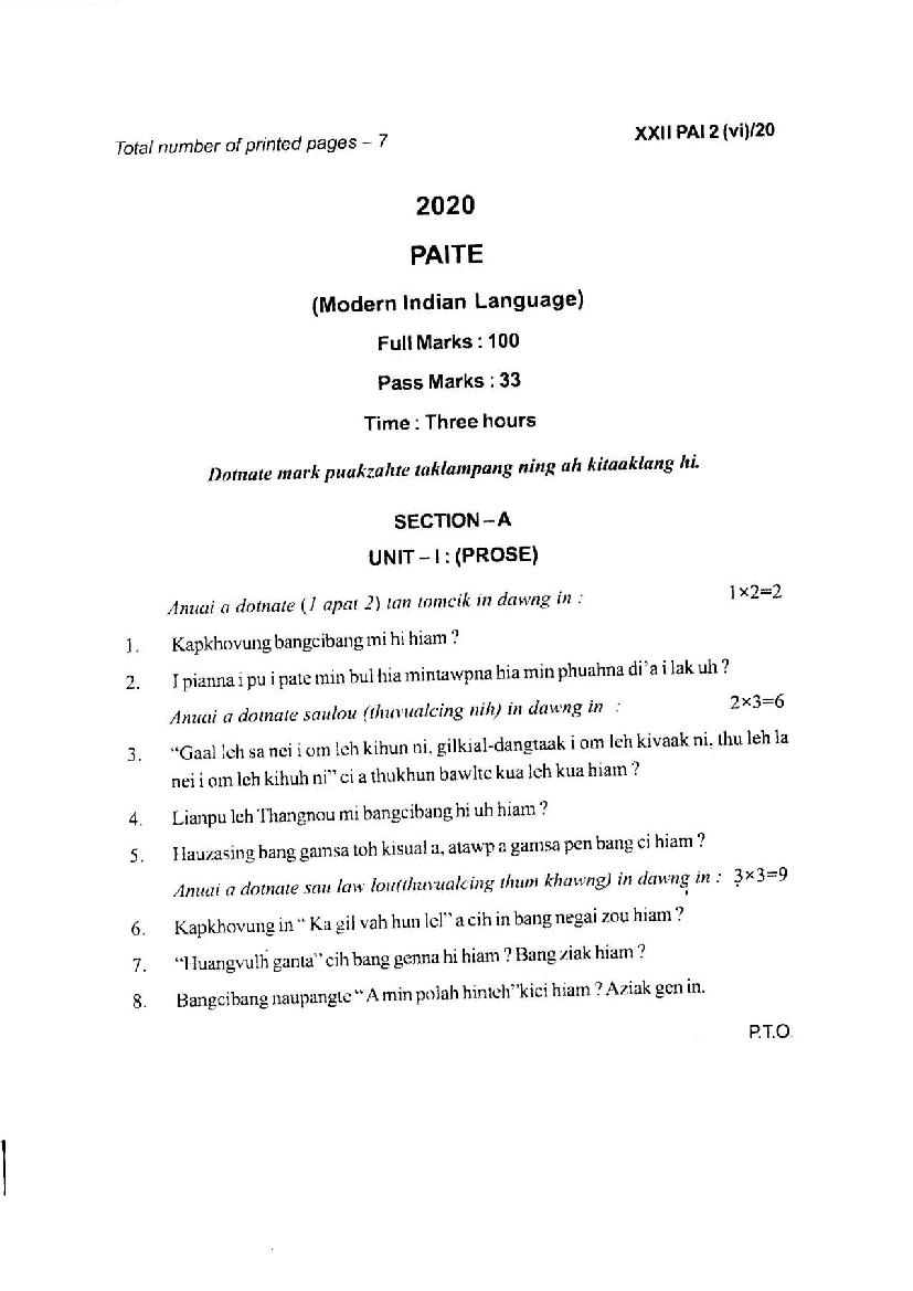 Manipur Board Class 12 Question Paper 2020 for Paite - Page 1