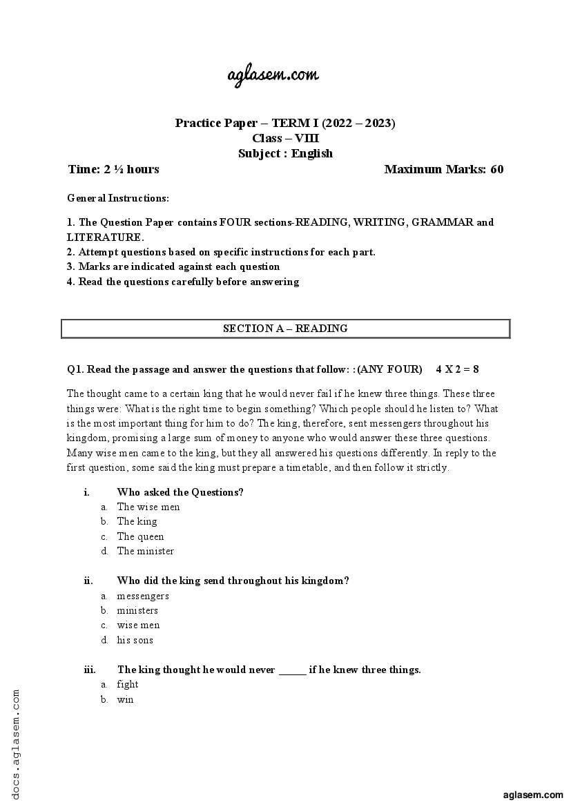 Class 8 Sample Paper 2023 English (Mid Term) - Page 1