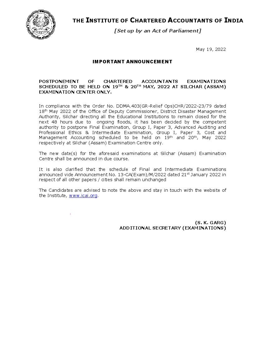 ICAI CA Exam 2022 Postponement for Silchar Exam Centre - Page 1