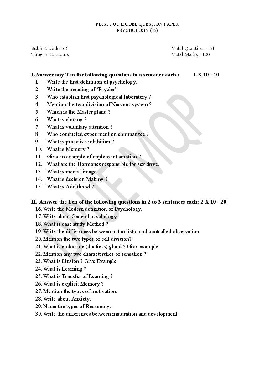 Karnataka 1st PUC Model Question Paper 2022 for Psychology (English Medium) - Page 1