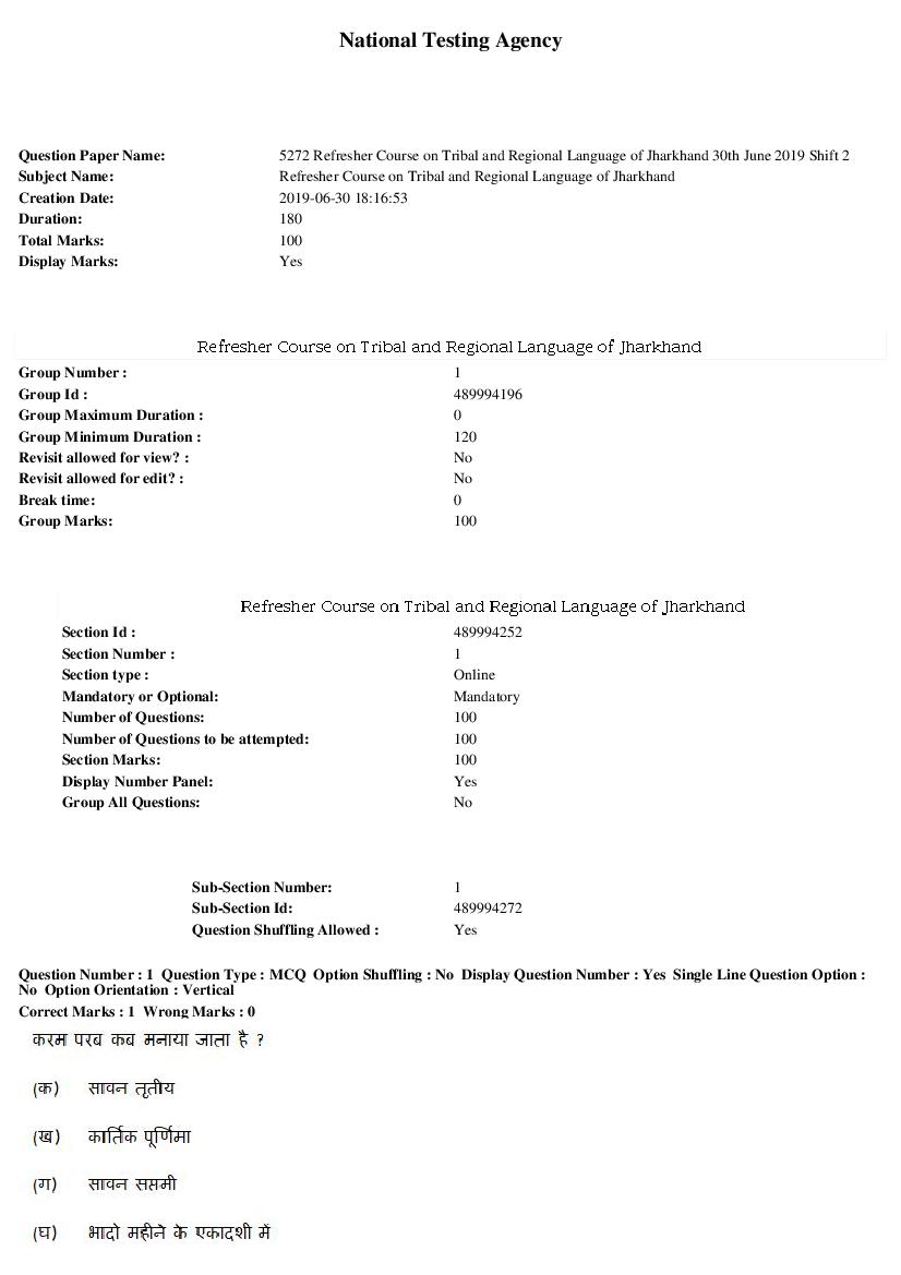 ARPIT 2019 Question Paper for Refresher Course on Tribal and Regional Language of Jharkhand - Page 1 of 40