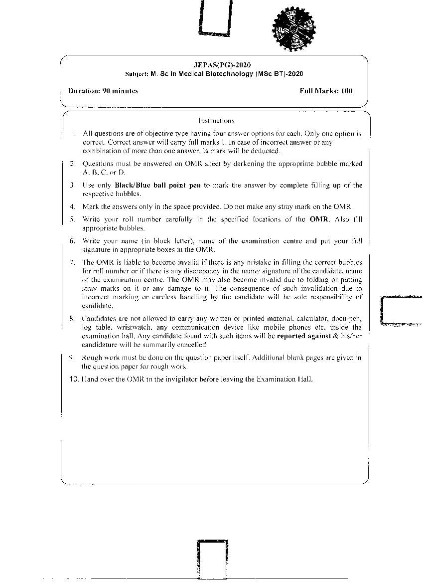 JEMAS PG 2020 Question Paper M.Sc BT - Page 1
