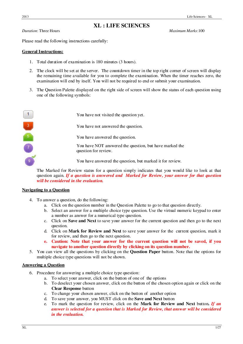 GATE 2013 Question Paper for XL - Life Sciences - Page 1