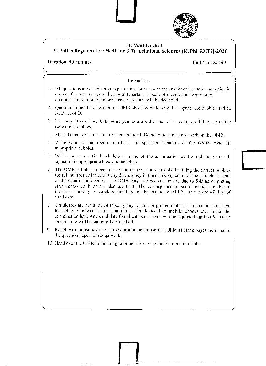 JEMAS PG 2020 Question Paper M.Phil RMTS - Page 1