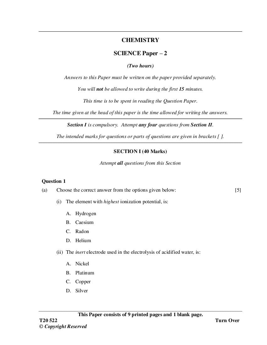 ICSE Class 10 Question Paper 2020 for Science - Chemistry - Page 1
