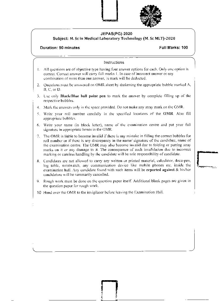 JEMAS PG 2020 Question Paper M.Sc MLT - Page 1