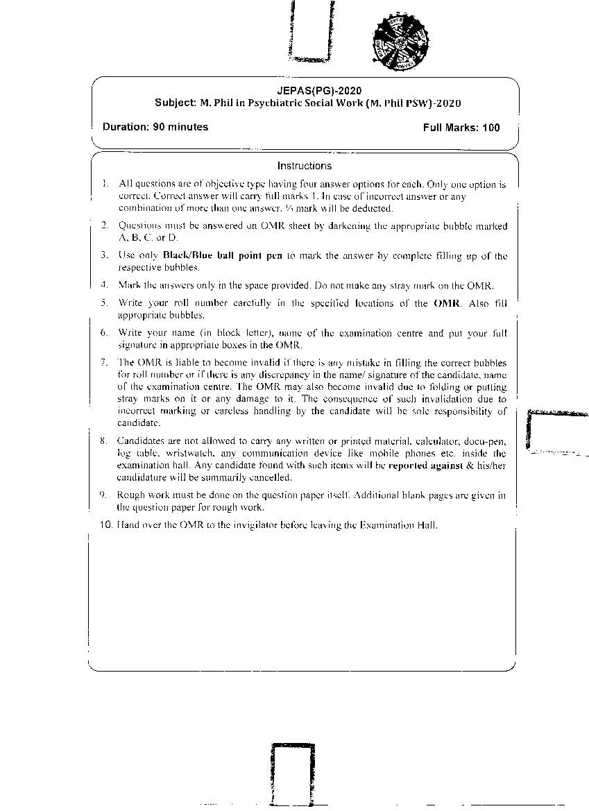 JEMAS PG 2020 Question Paper M.Phil PSW - Page 1