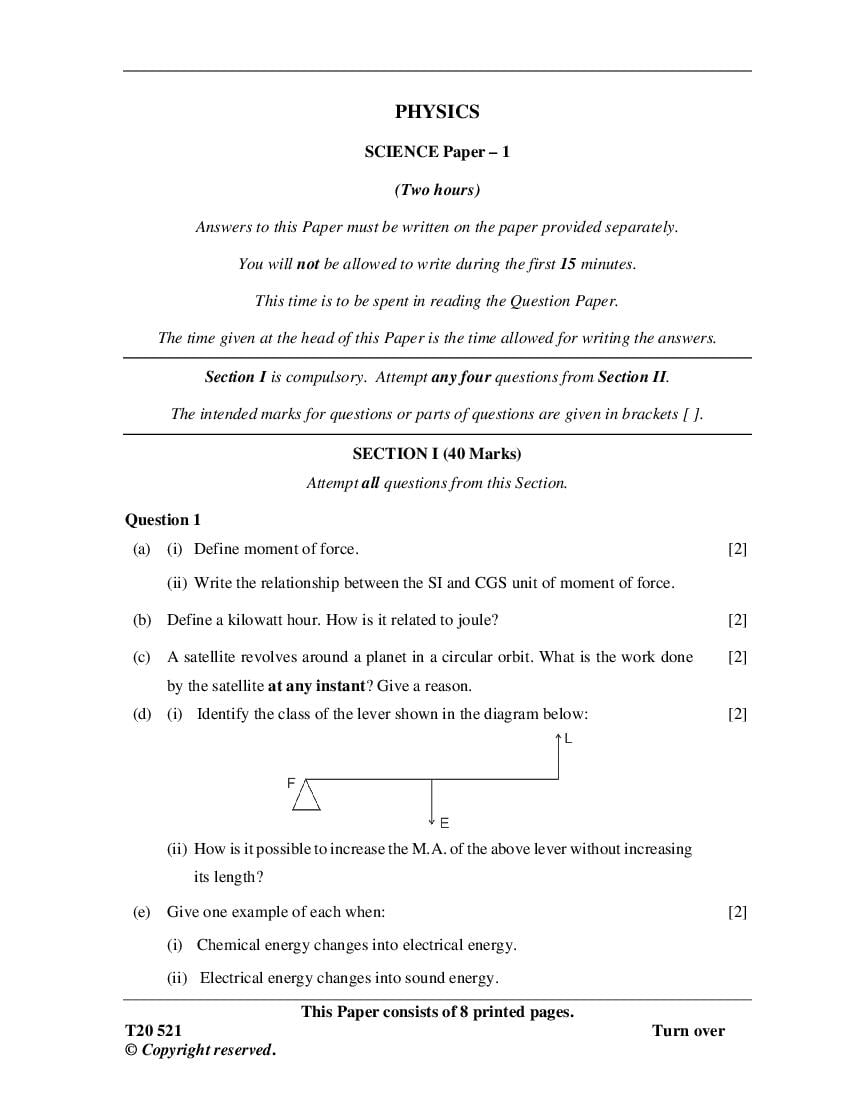 ICSE Class 10 Question Paper 2020 for Science - Physics - Page 1