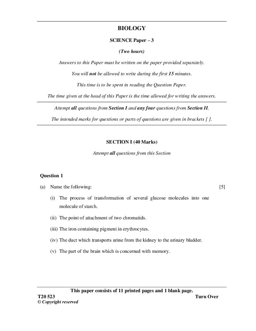 ICSE Class 10 Question Paper 2020 for Science - Biology - Page 1