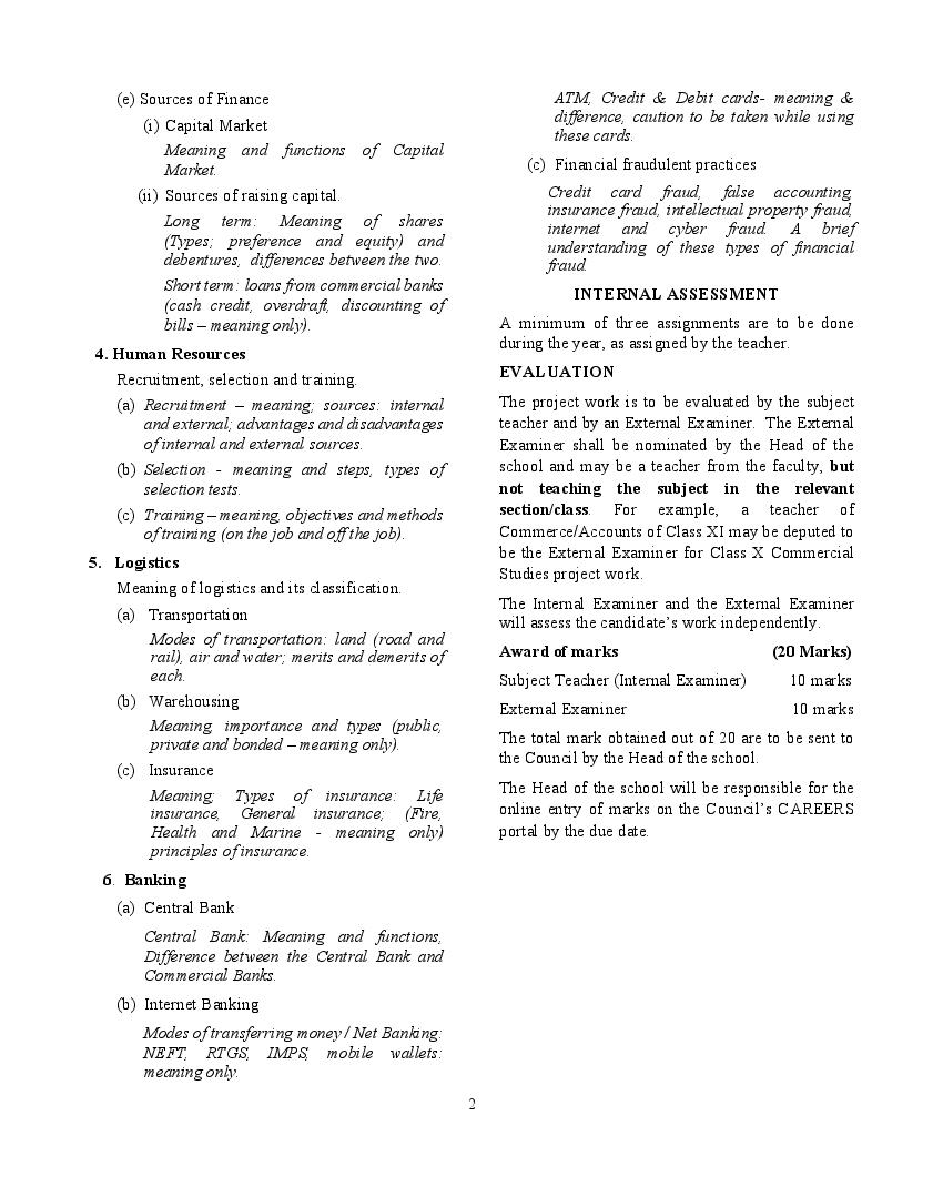 ICSE Commercial Studies Syllabus 2023 for Class 9, Class 10