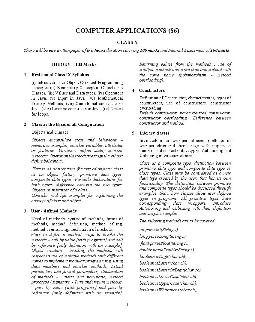 ICSE Class 10 Syllabus 2023 Computer Applications (Revised) - Page 1
