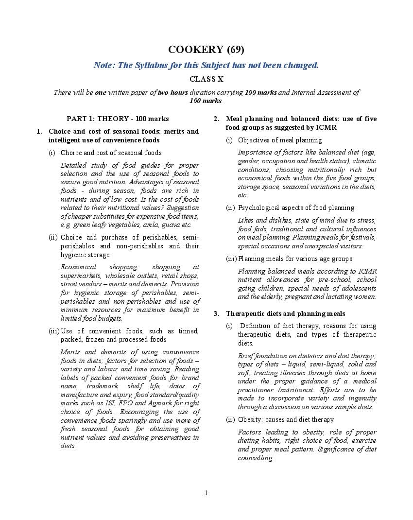 ICSE Class 10 Syllabus 2023 Cookery (Revised) - Page 1