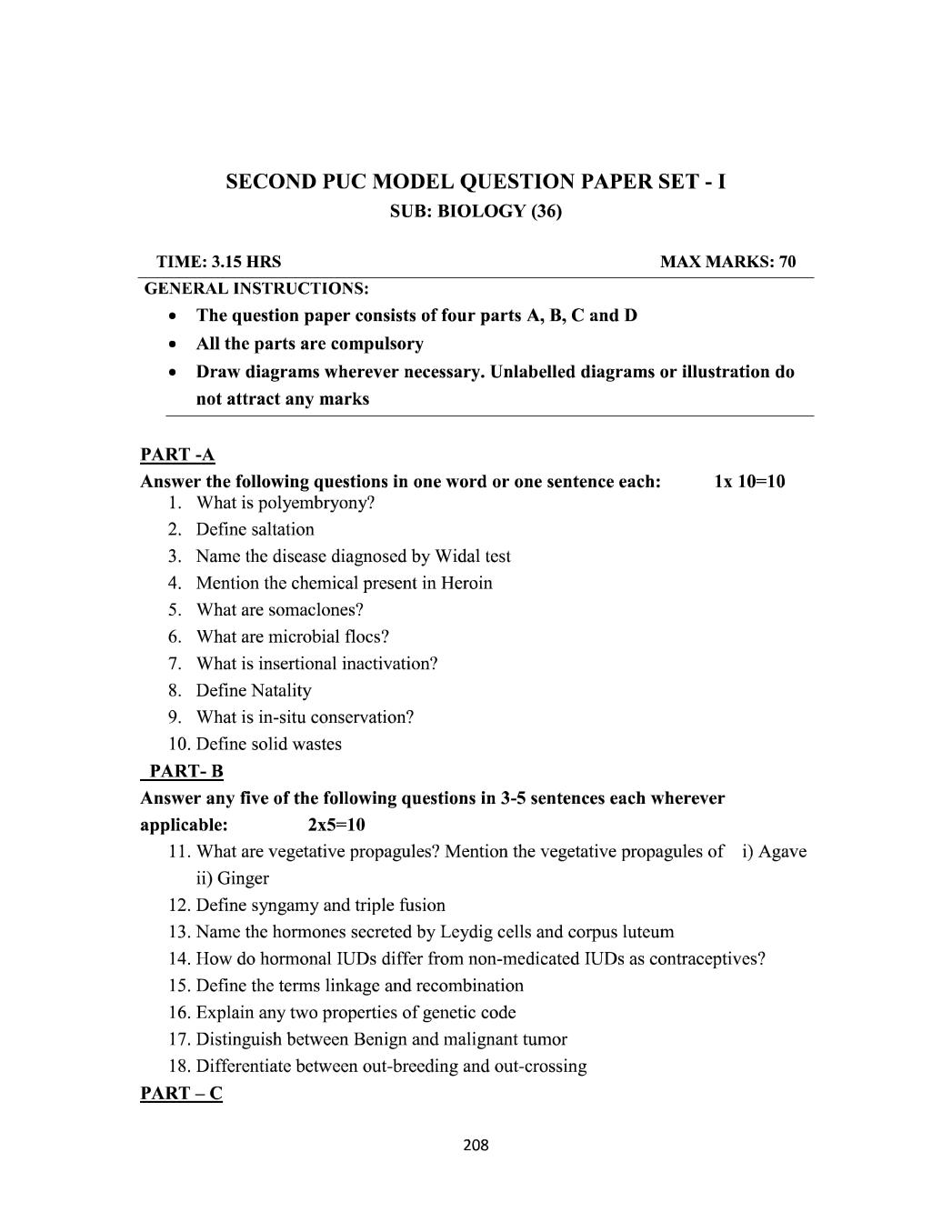 Karnataka 2nd PUC Model Question Paper for Biology AglaSem Schools