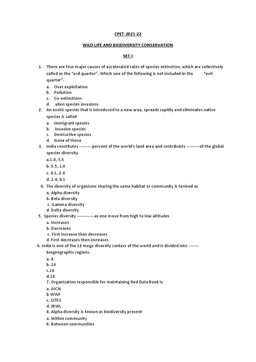 Odisha CPET 2021 Question Paper Wild Life and Biodiversity Conservation - Page 1