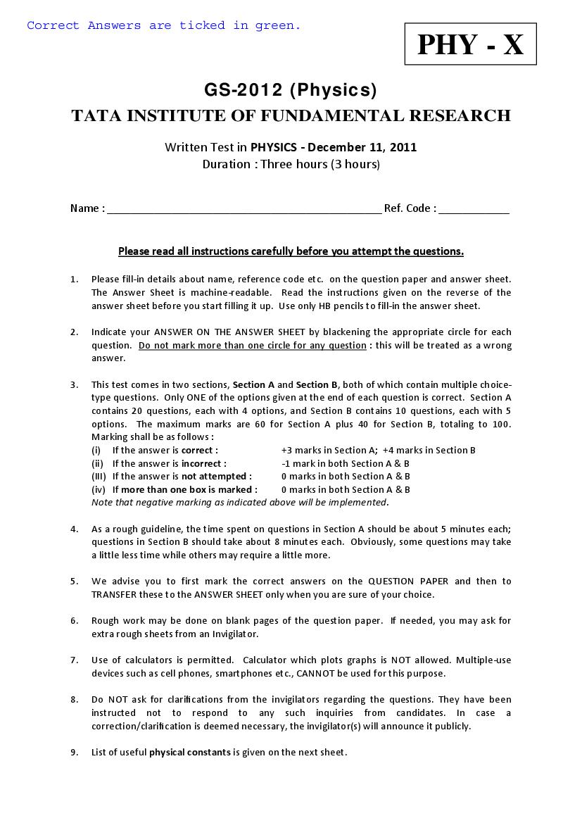TIFR GS 2012 Question Paper Physics X - Page 1 of 15