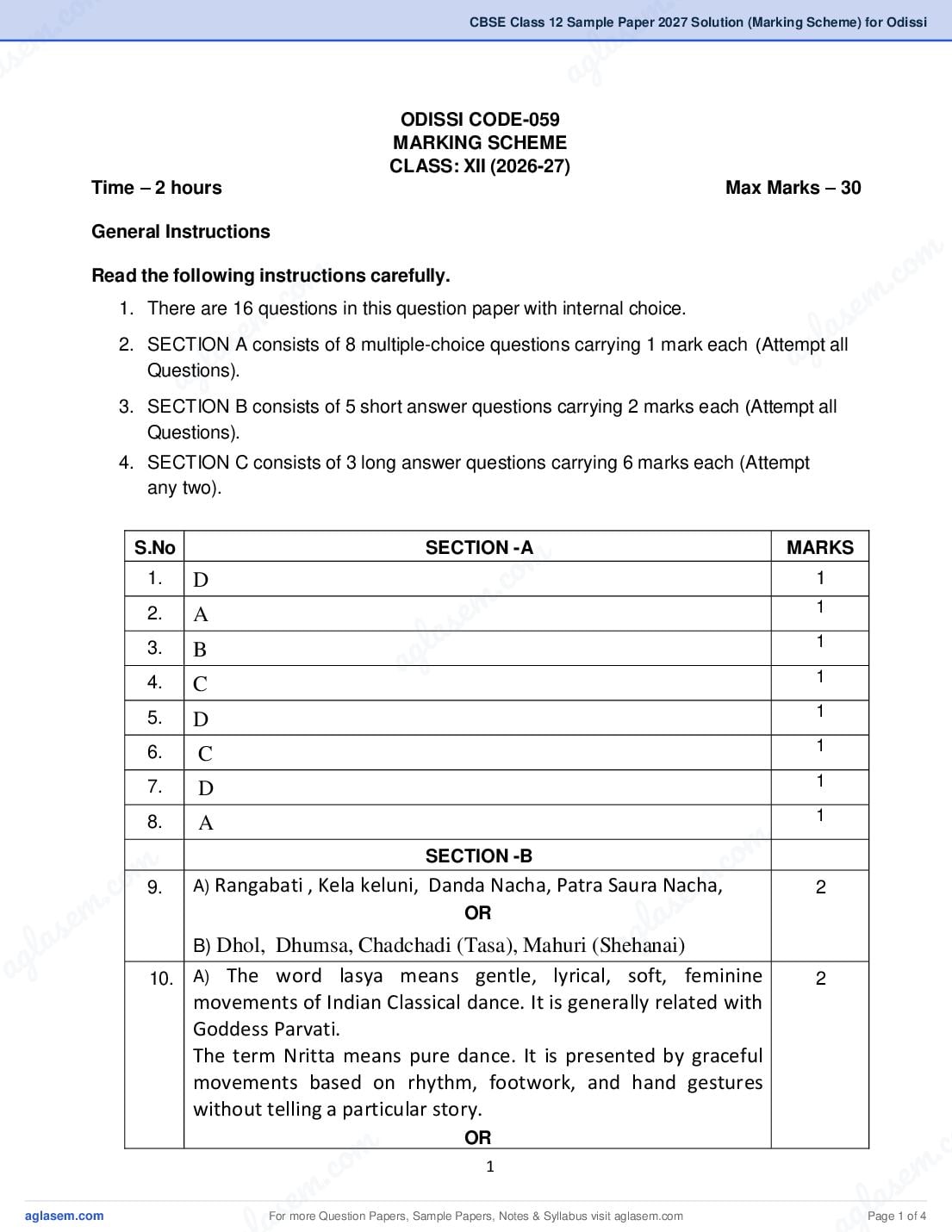CBSE Class 12 Sample Paper 2027 Solution (Marking Scheme) for Odissi - Page 1 of 4