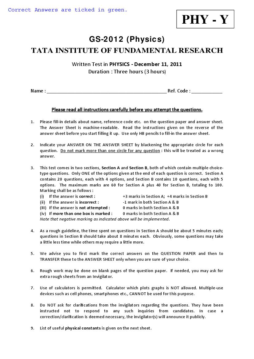 TIFR GS 2012 Question Paper Physics Y - Page 1