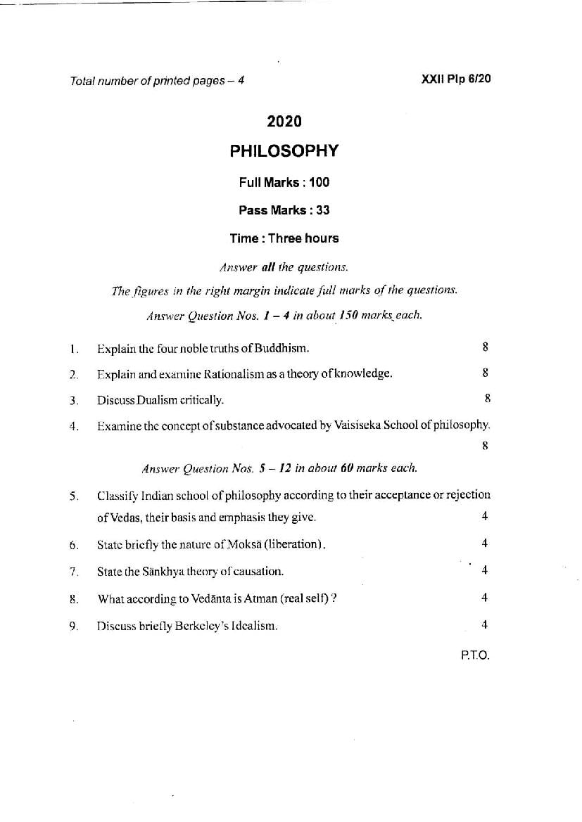 Manipur Board Class 12 Question Paper 2020 for Philosophy - Page 1
