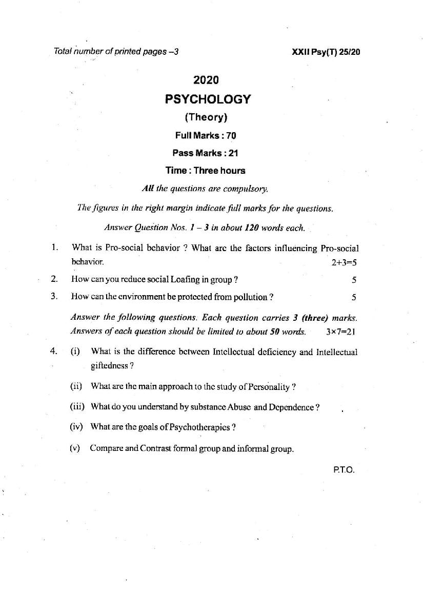 Manipur Board Class 12 Question Paper 2020 for Psychology - Page 1