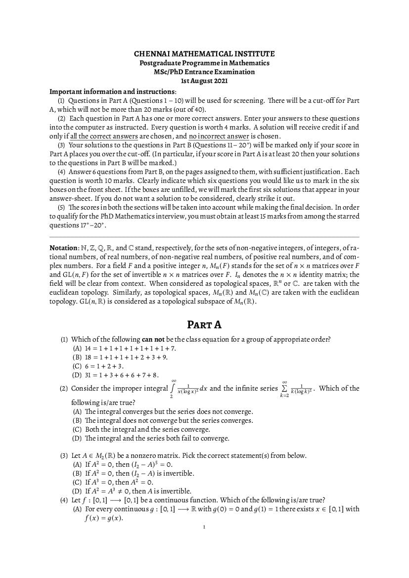 CMI Entrance Exam 2021 Question Paper for M.Sc or Ph.D Mathematics - Page 1