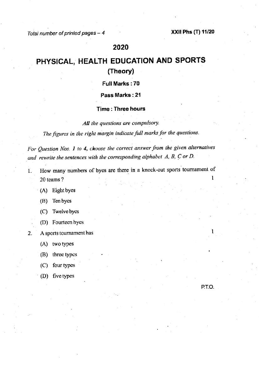 Manipur Board Class 12 Question Paper 2020 for Physical Education - Page 1