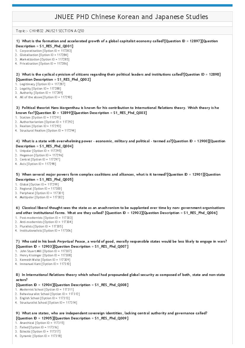 JNUEE 2021 Question Paper Ph.D Chinese Korean and Japanese Studies - Page 1
