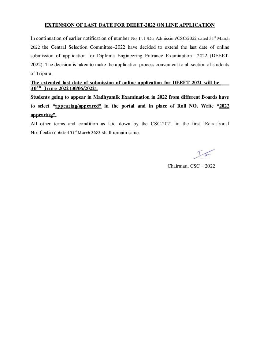 Tripura Diploma Engineering Entrance Exam (DEEET) 2022 Application Form Last Date Extended - Page 1