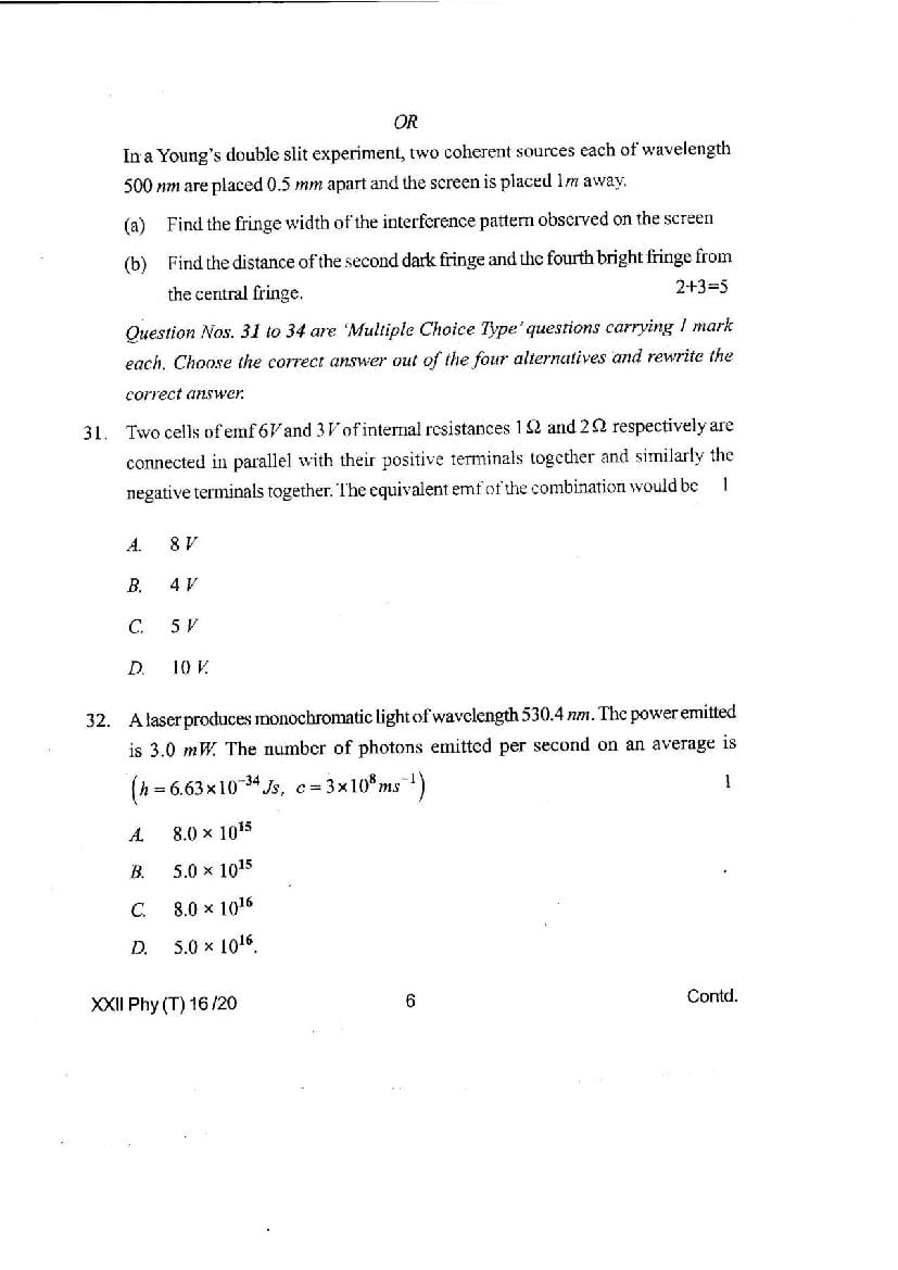 Manipur COHSEM Class 12 Question Paper for Physics