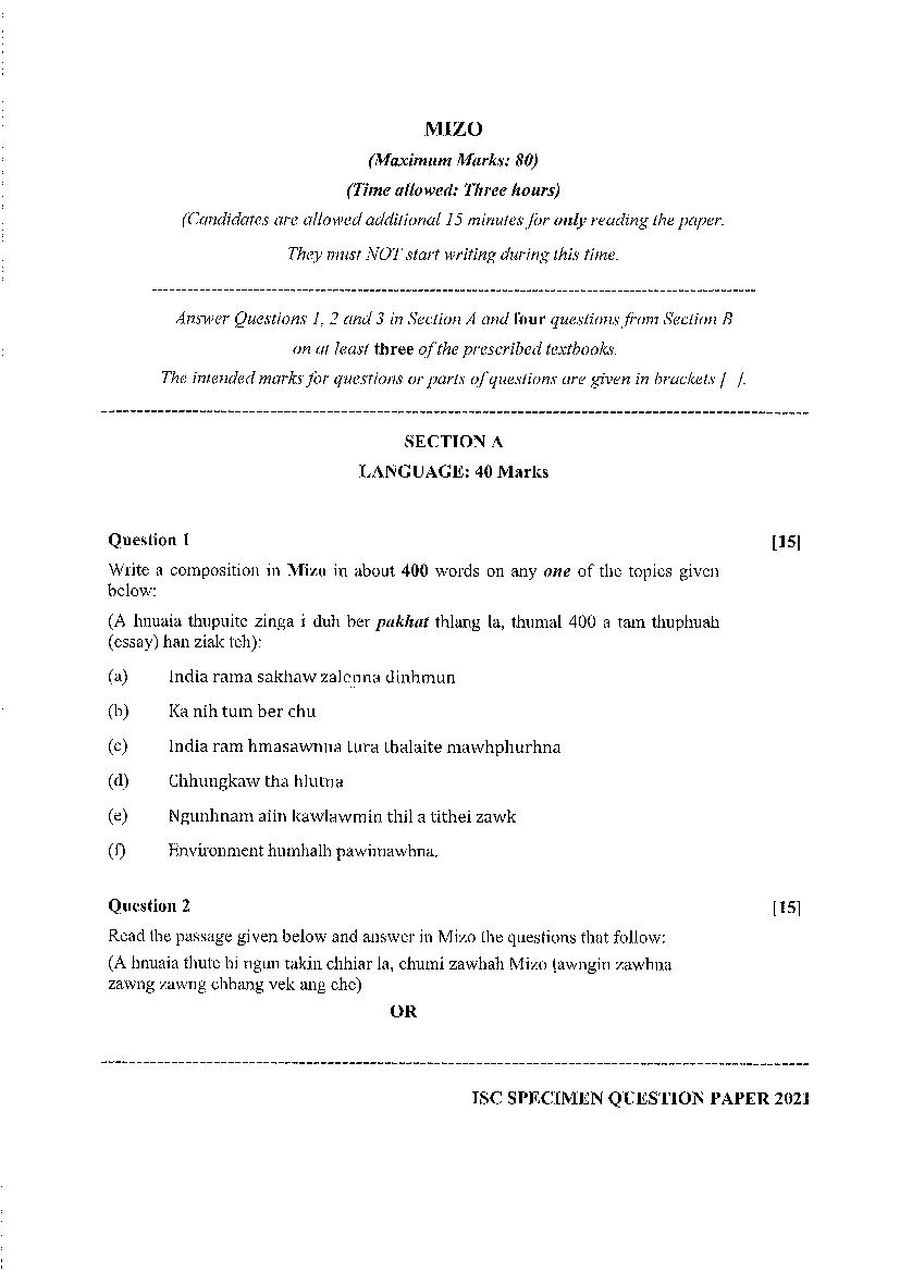 ISC Class 12 Specimen Paper 2021 Mizo - Page 1