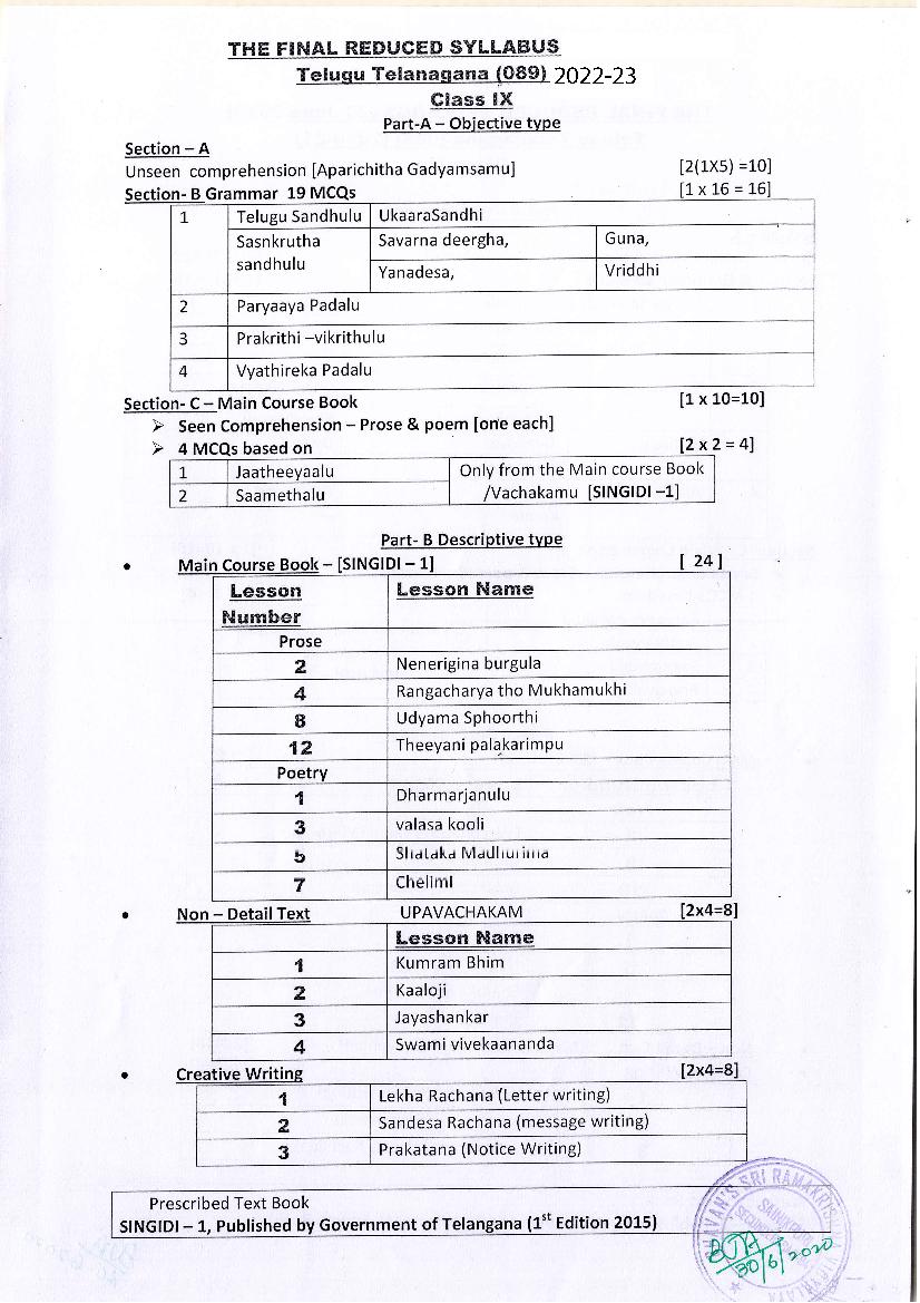 CBSE Class 9 Syllabus 2022-23 Telugu Telangana - Page 1