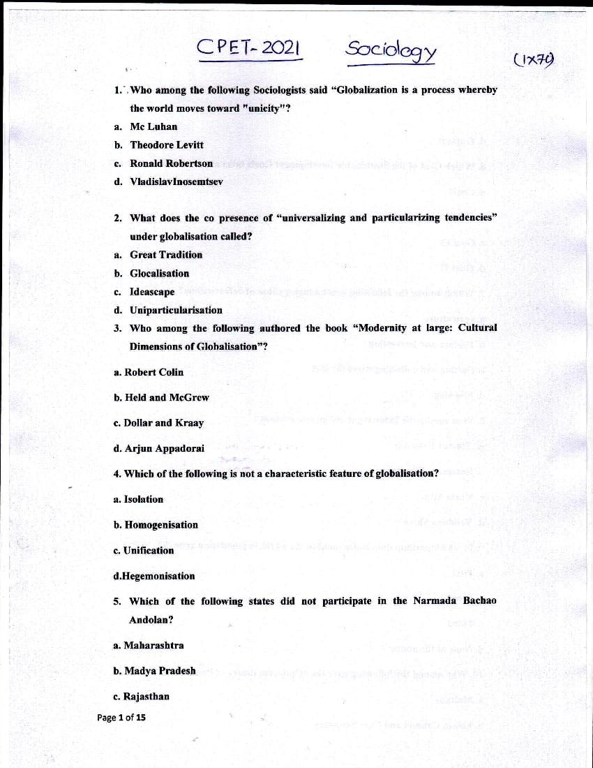 Odisha CPET 2021 Question Paper Sociology - Page 1