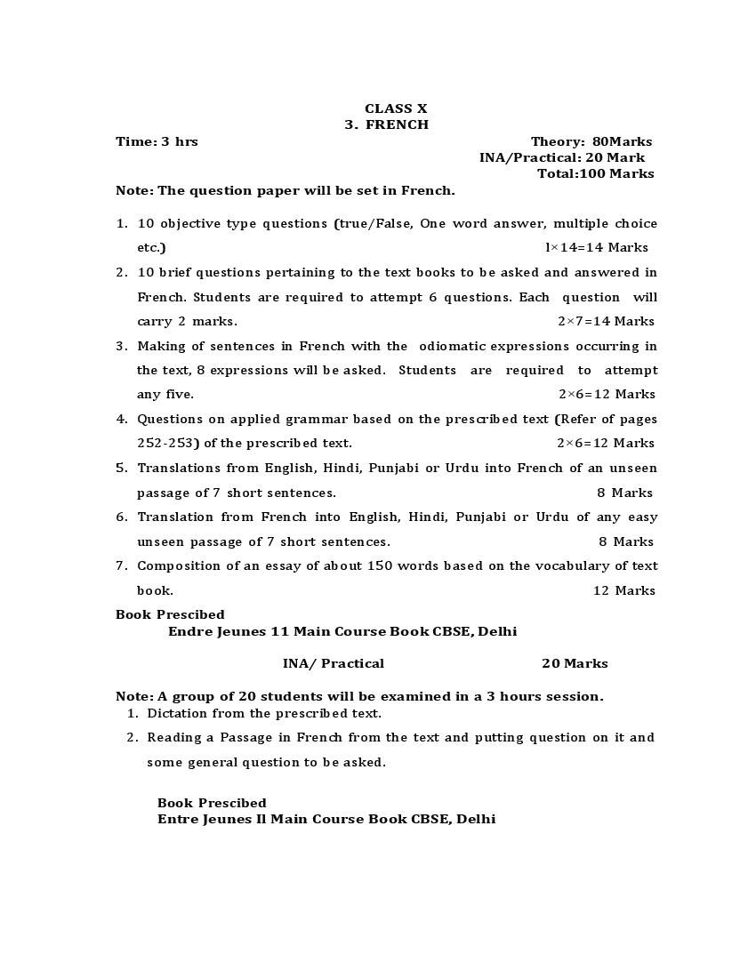 PSEB Class 10 French Syllabus (PDF)