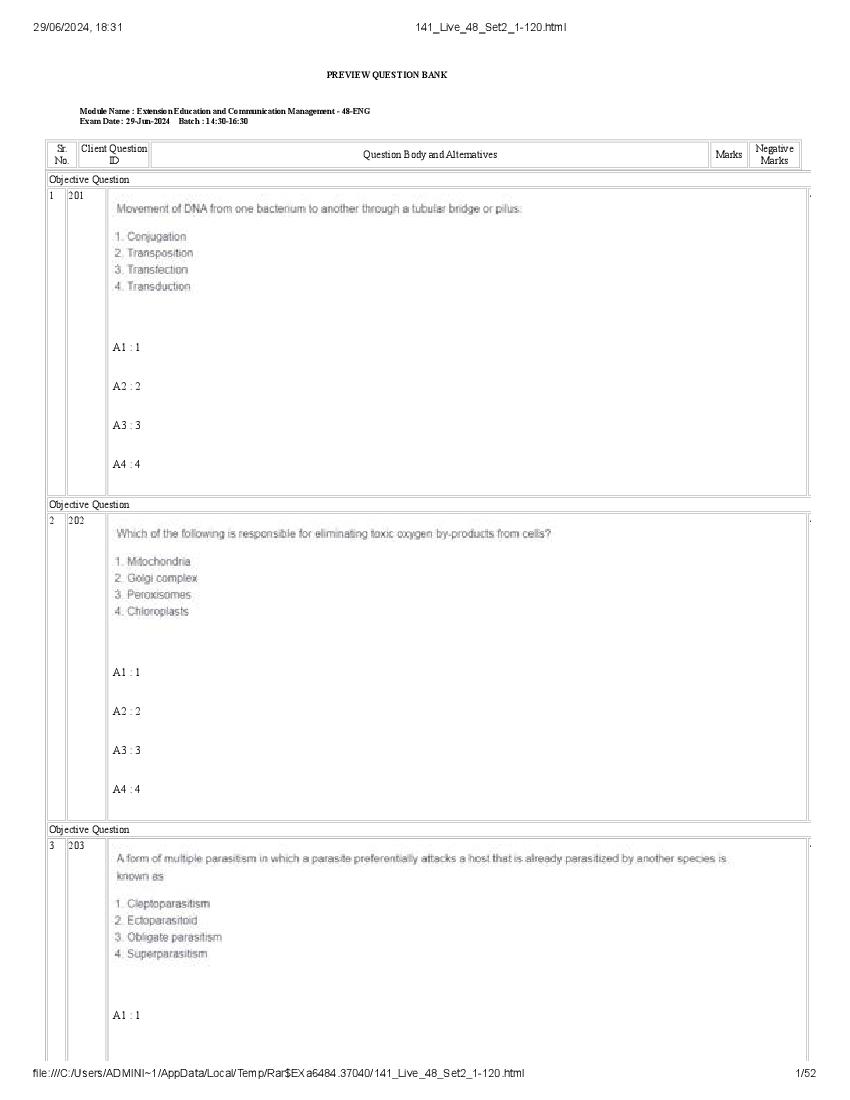 ICAR AICE JRF SRF (Ph.D) 2024 Question Paper Extension Education And Community Management - Page 1 of 52