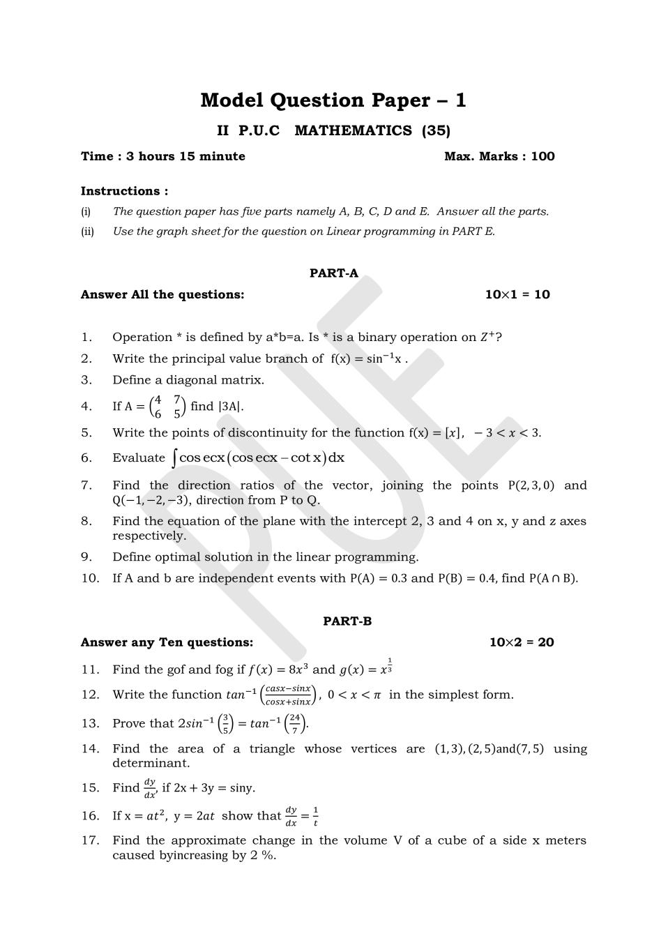 Karnataka 2nd PUC Model Question Paper for Maths Set 1 - Page 1