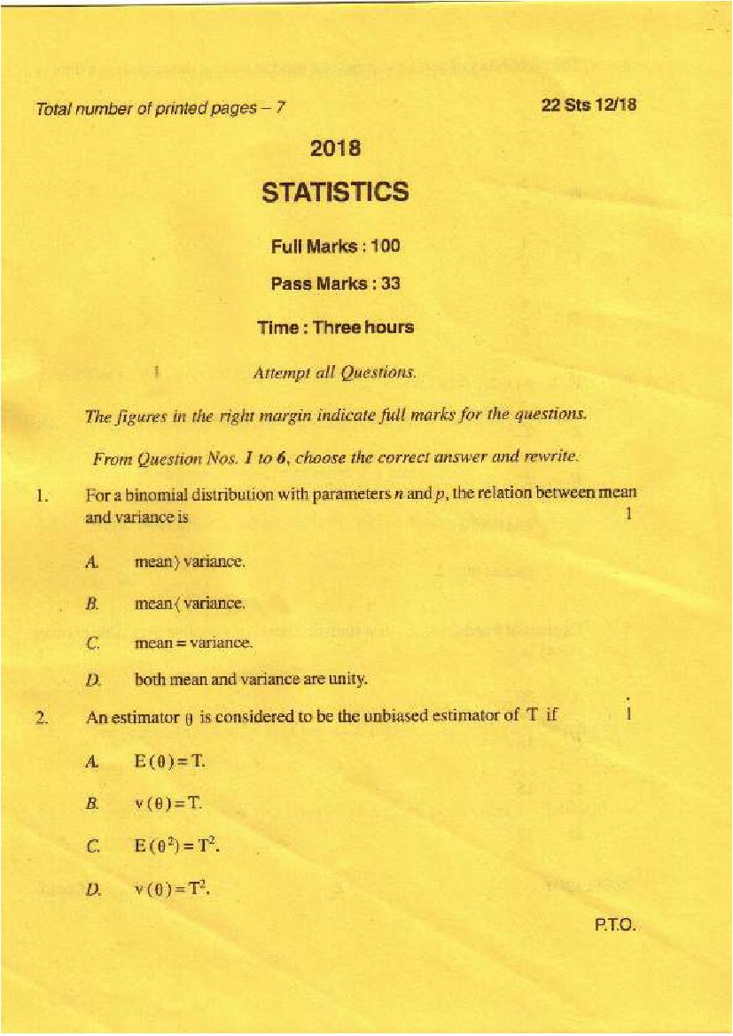 Manipur Board Class 12 Question Paper 2018 for Statistics - Page 1