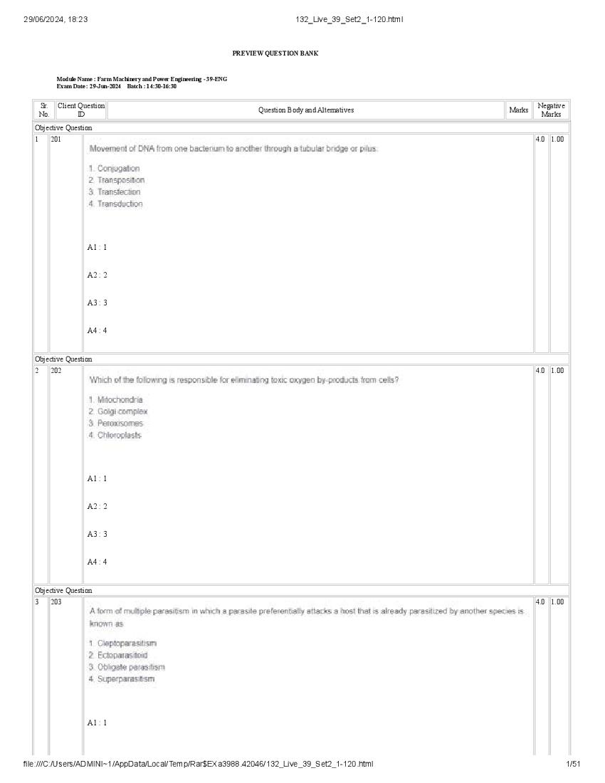 ICAR AICE JRF SRF (Ph.D) 2024 Question Paper Farm Machinery And Power Engineering - Page 1